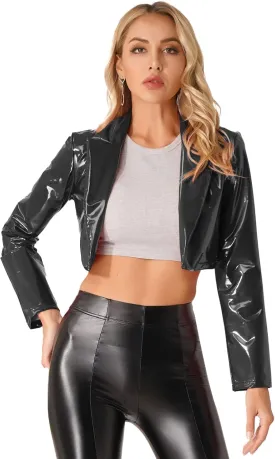 easyforever Women's Patent Leather Jacket Shiny Metallic Long Sleeve Cropped Motorcycle Coat easyforever Women's Patent Leather Jacket Shiny Metallic Long Sleeve Cropped Motorcycle Coat