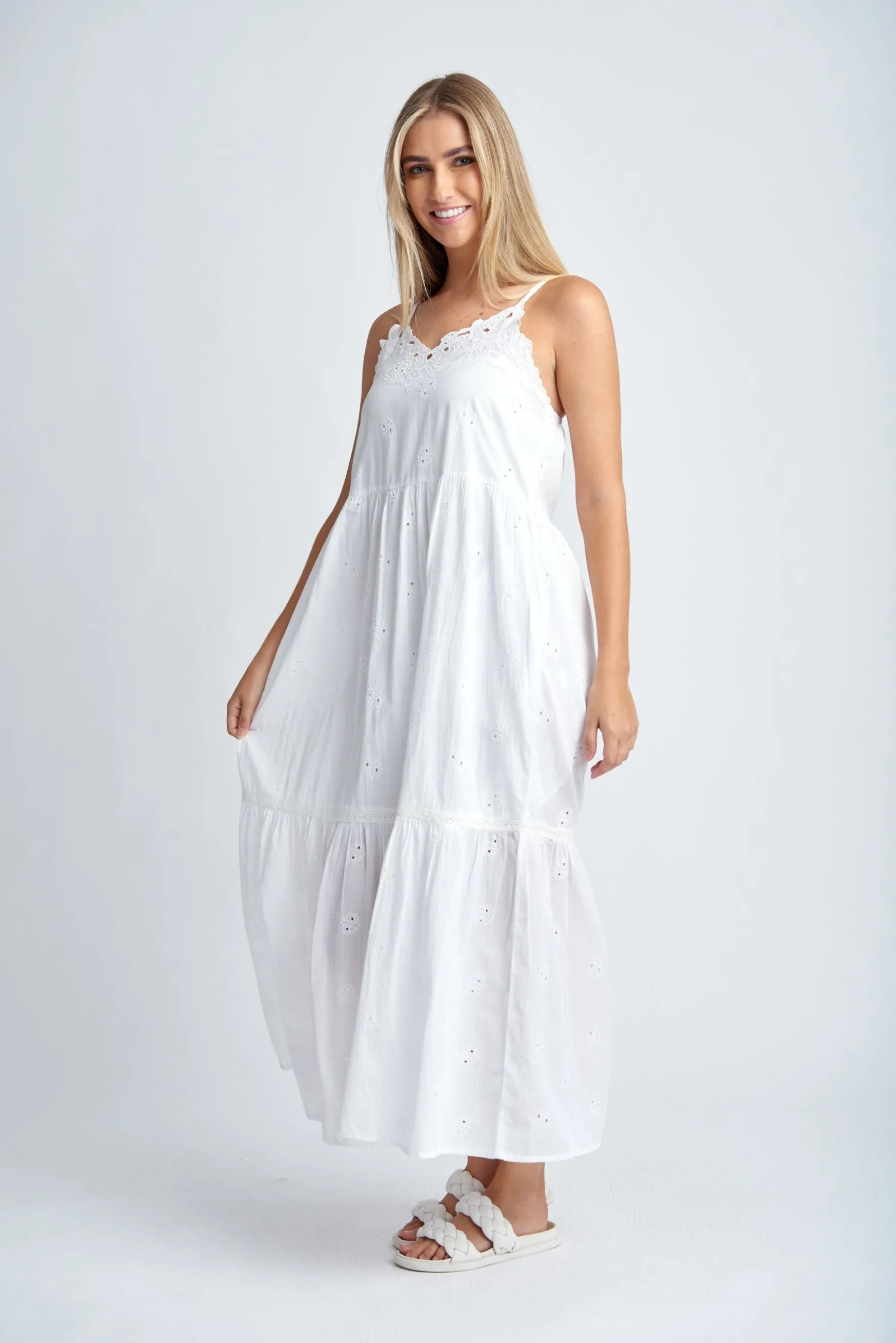 Embroidered Detail Cotton Sun Dress White