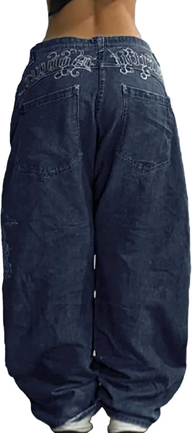 EMMIOL Women Hip Hop Baggy Jeans Wide Leg Mid-Low Waist Jeans Loose Boyfriends Pants 90s Vintage Denim Pants
