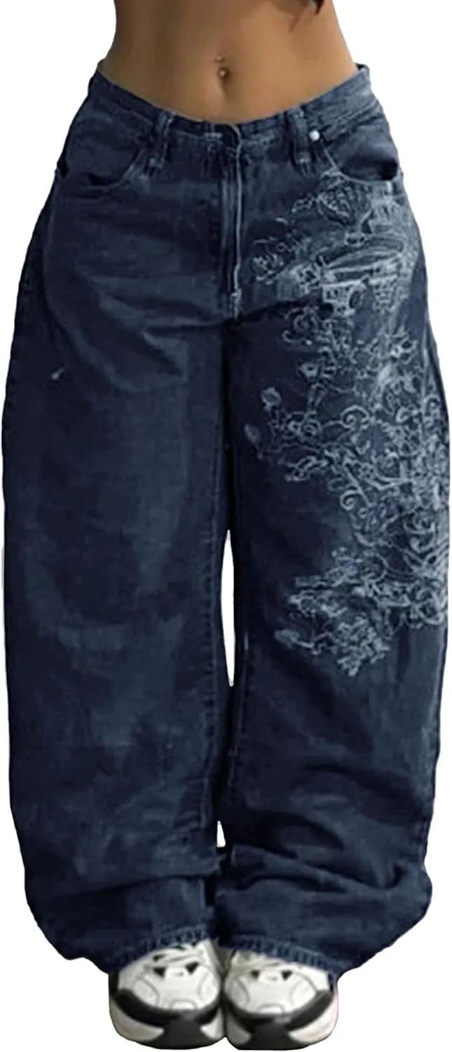 EMMIOL Women Hip Hop Baggy Jeans Wide Leg Mid-Low Waist Jeans Loose Boyfriends Pants 90s Vintage Denim Pants