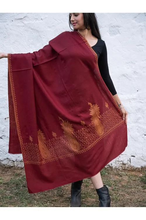 Exclusive, Fine Hand Embroidered Kashmiri Shawl - Dark Red Ornate