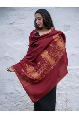 Exclusive, Fine Hand Embroidered Kashmiri Shawl - Dark Red Ornate
