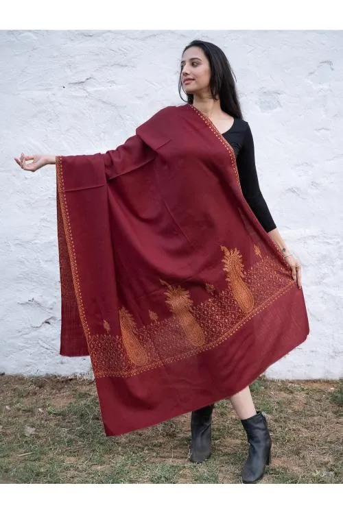 Exclusive, Fine Hand Embroidered Kashmiri Shawl - Dark Red Ornate