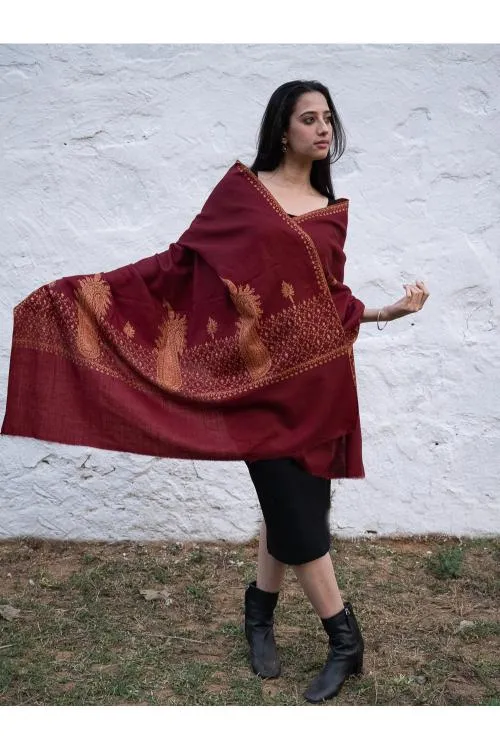 Exclusive, Fine Hand Embroidered Kashmiri Shawl - Dark Red Ornate