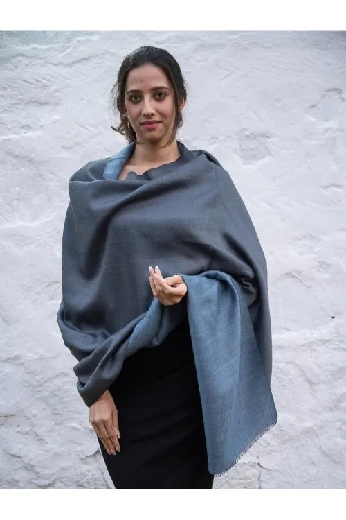Exclusive Reversible Soft Kashmiri Wool Shawl - Soft Blue & Grey