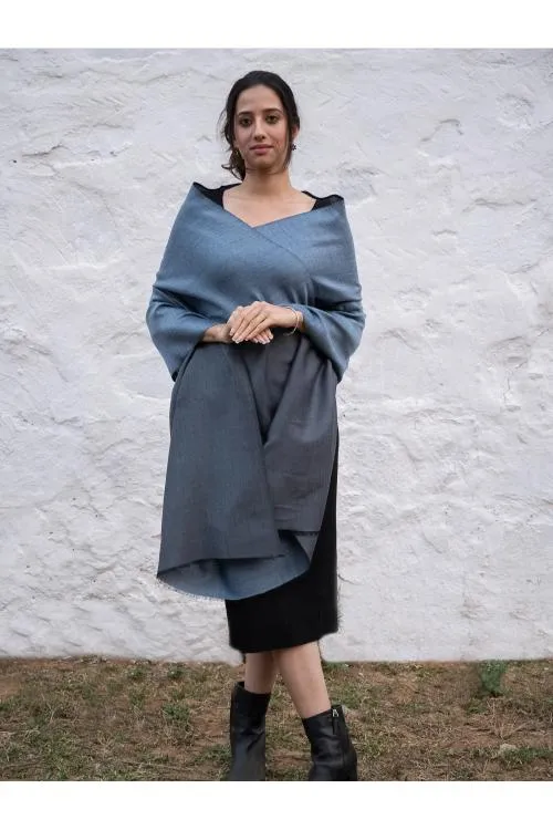Exclusive Reversible Soft Kashmiri Wool Shawl - Soft Blue & Grey
