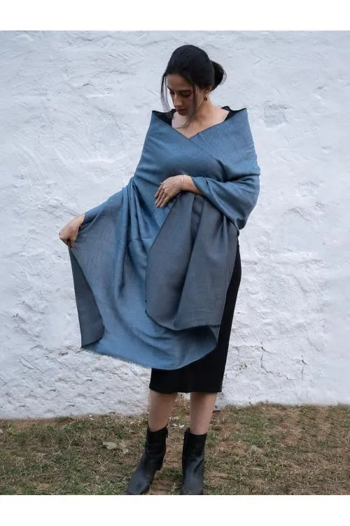 Exclusive Reversible Soft Kashmiri Wool Shawl - Soft Blue & Grey