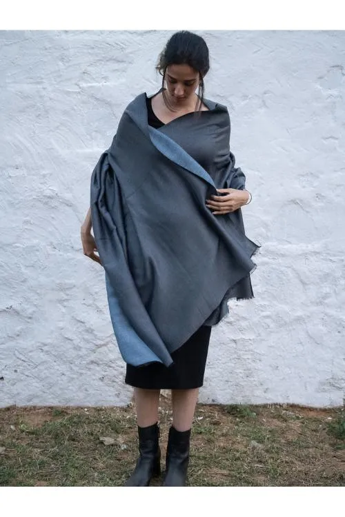 Exclusive Reversible Soft Kashmiri Wool Shawl - Soft Blue & Grey