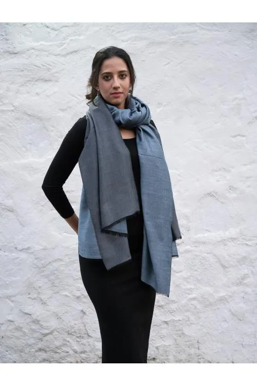 Exclusive Reversible Soft Kashmiri Wool Shawl - Soft Blue & Grey