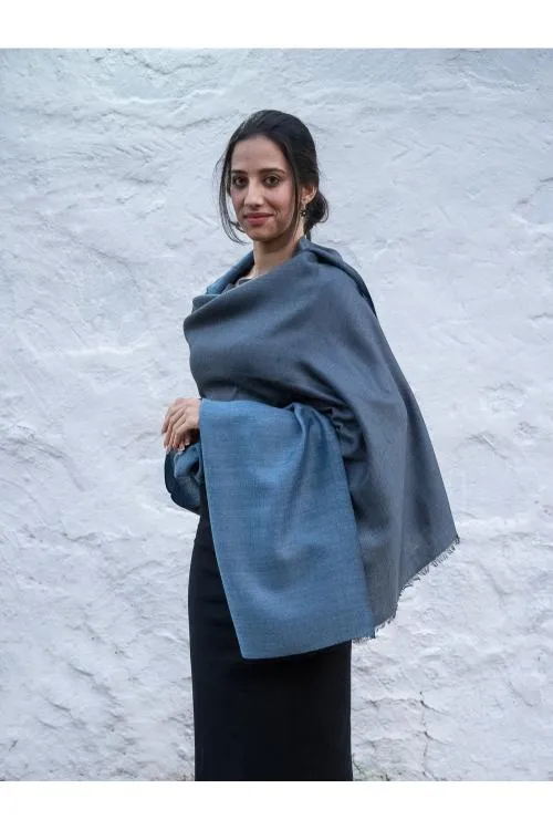 Exclusive Reversible Soft Kashmiri Wool Shawl - Soft Blue & Grey