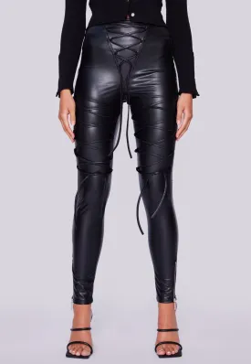 Faux Leather Laced Leggings - Black
