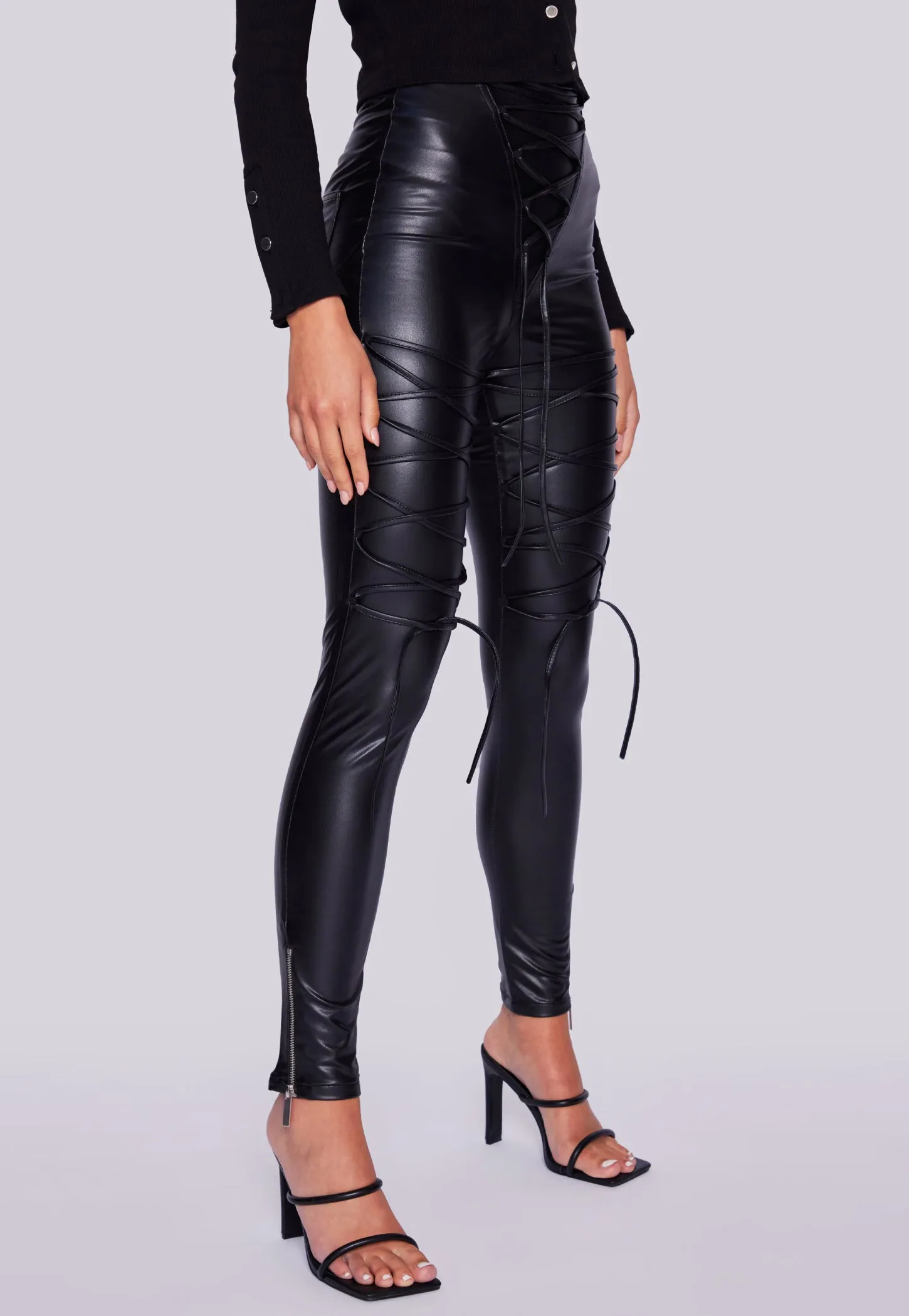 Faux Leather Laced Leggings - Black
