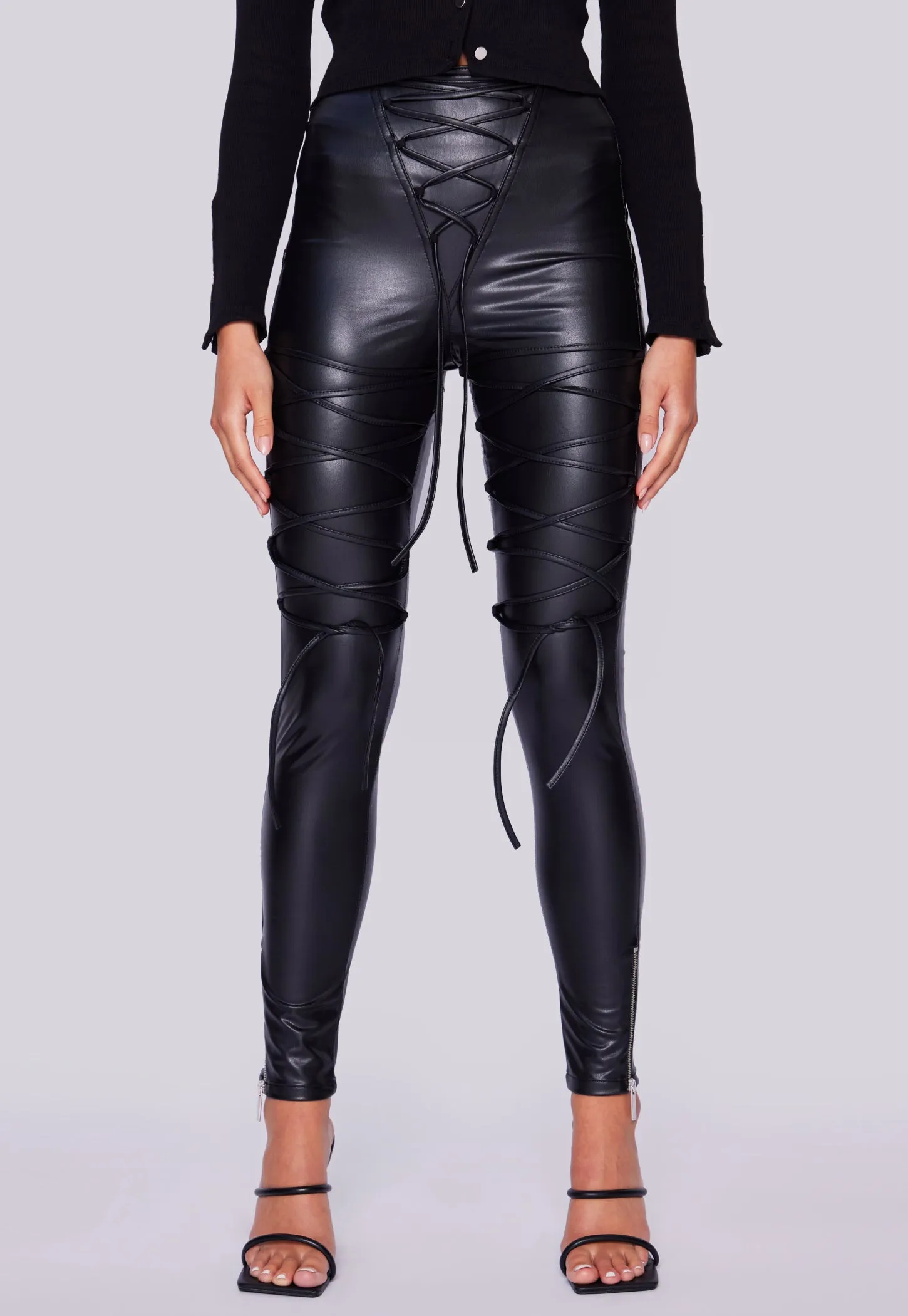 Faux Leather Laced Leggings - Black