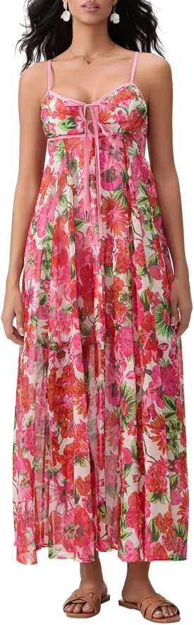 FEORJGP Womens Summer Spaghetti Strap Long Dress Boho Low Cut Dress Backless Flowy Midi Dress Bohemian Maxi Dresses Beachwear