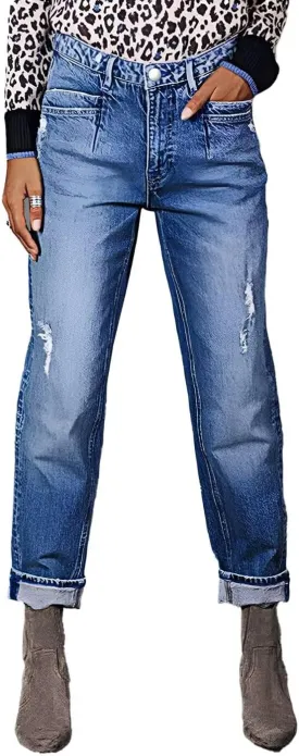 Flamingals Striaght Leg Jeans for Women Mid Rise Boyfriend Ripped Wash Roll Hem Cropped Jeans