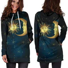 Gold Sun and Moon Hoodie Dress | Longline Hoodie Sweatshirt L