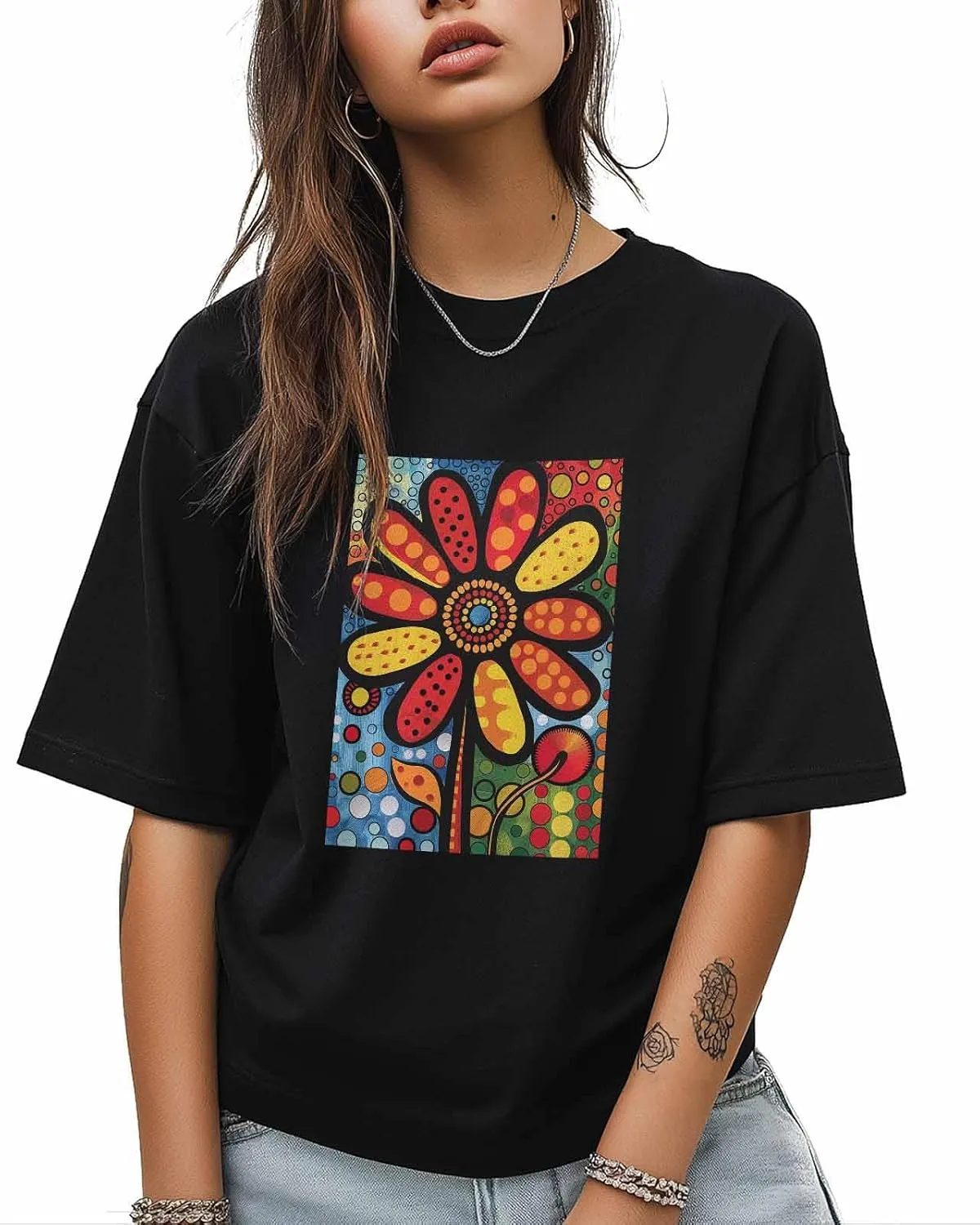 Graphic T Shirts for Women, Boho Abstract Flower Cotton Girls Tees Short Sleeve Crewneck Summer Gym Casual Tops