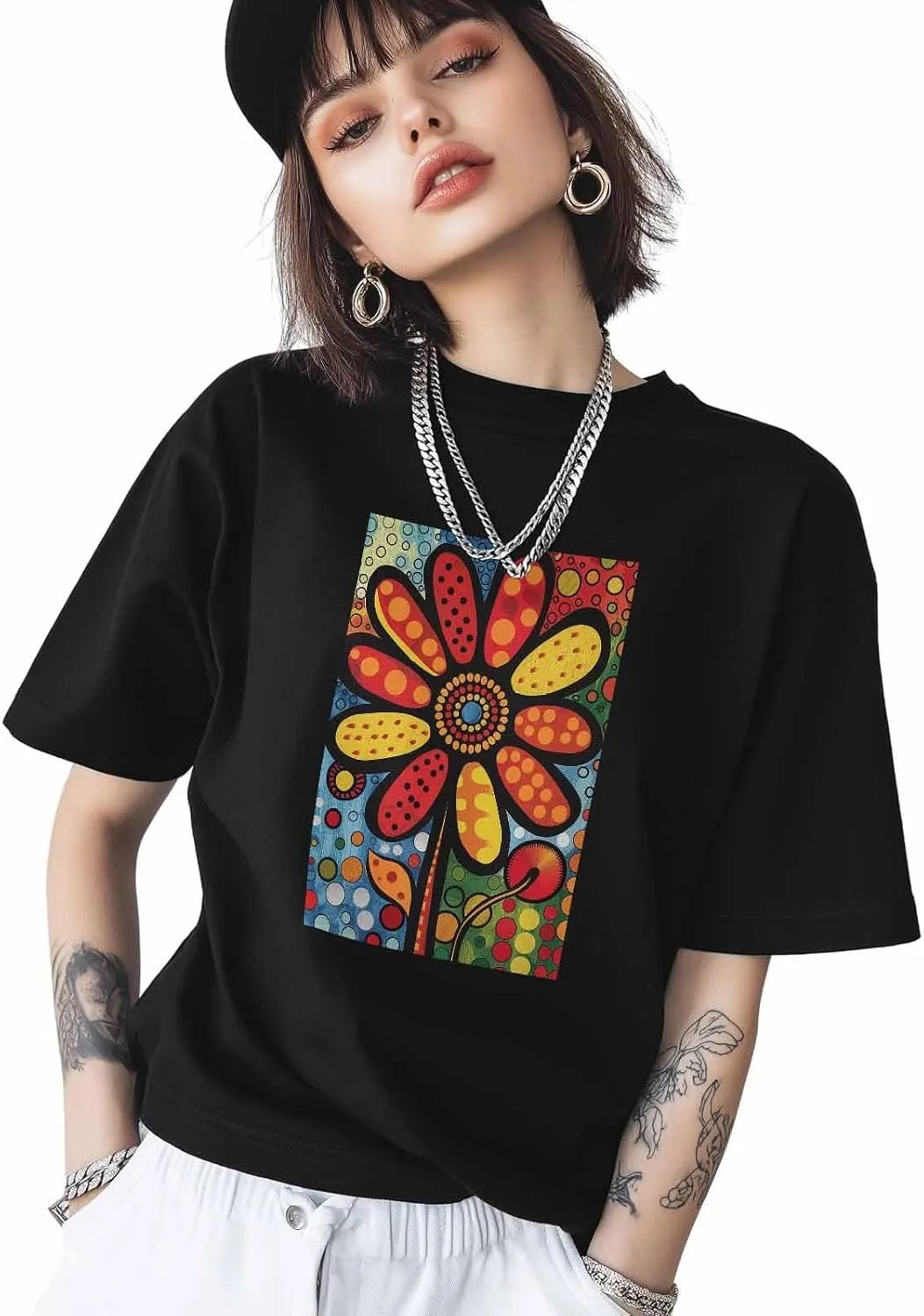 Graphic T Shirts for Women, Boho Abstract Flower Cotton Girls Tees Short Sleeve Crewneck Summer Gym Casual Tops