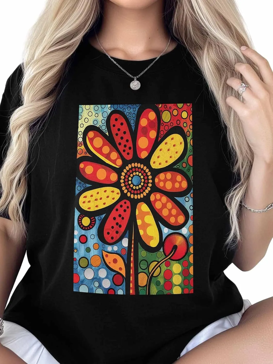 Graphic T Shirts for Women, Boho Abstract Flower Cotton Girls Tees Short Sleeve Crewneck Summer Gym Casual Tops