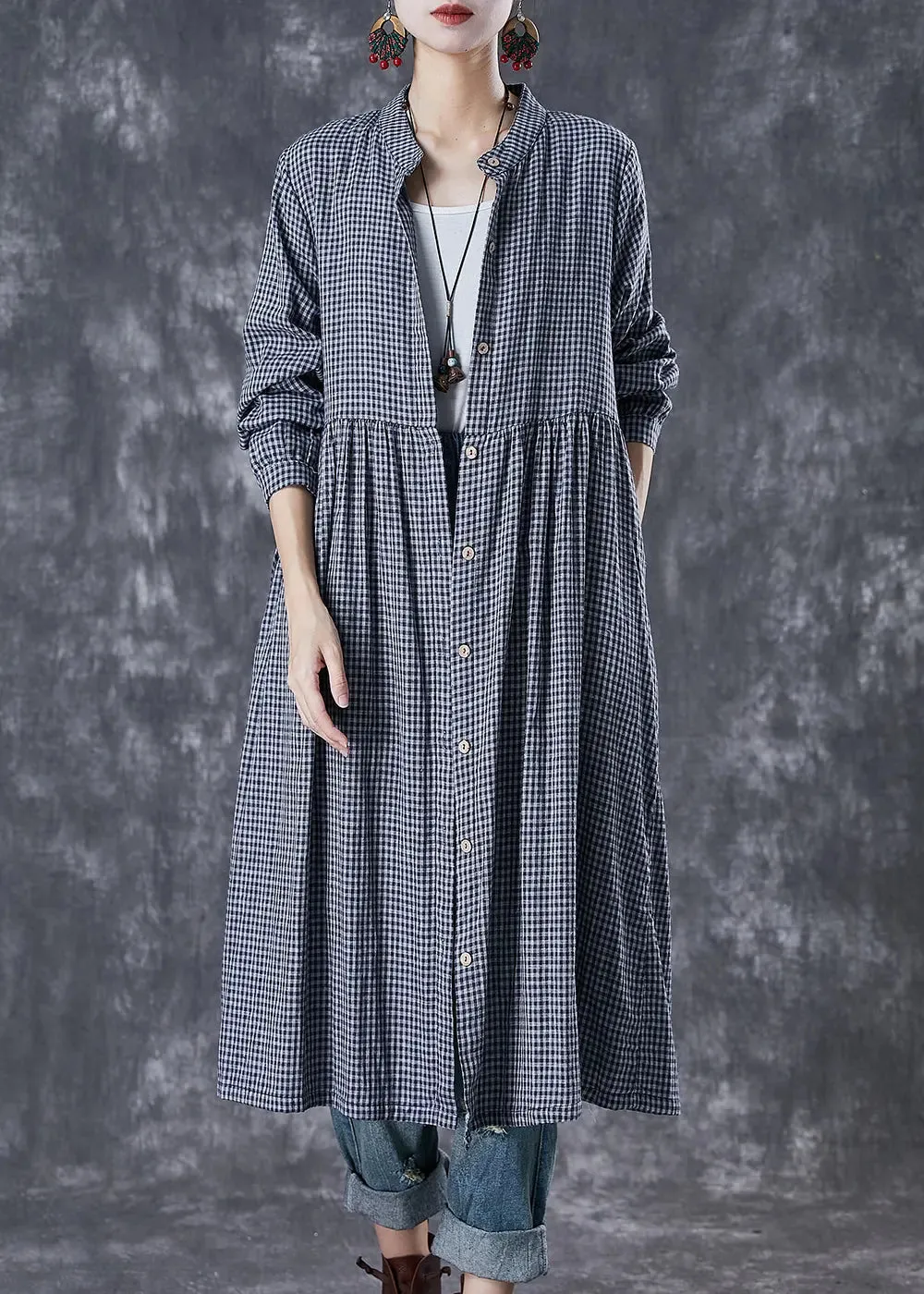Grey Oversized Plaid Cotton Shirt Dresses