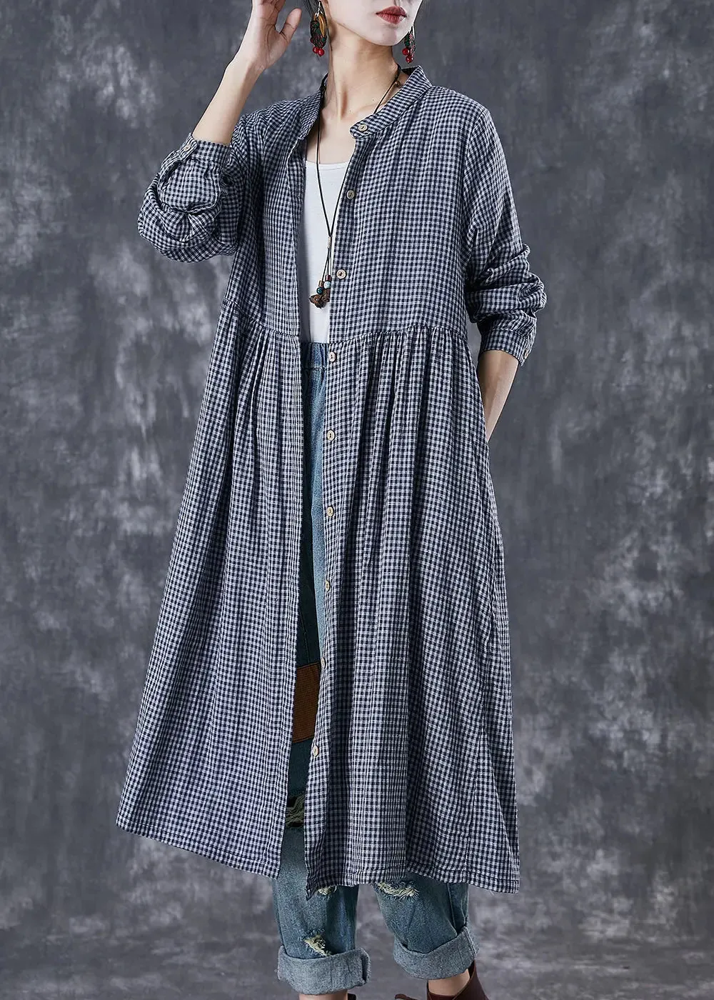 Grey Oversized Plaid Cotton Shirt Dresses