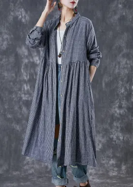 Grey Oversized Plaid Cotton Shirt Dresses