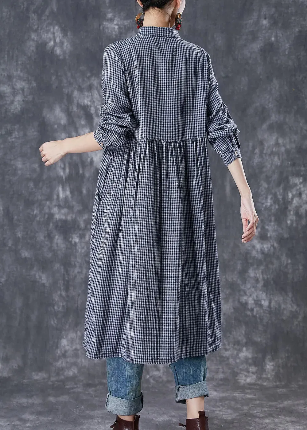 Grey Oversized Plaid Cotton Shirt Dresses