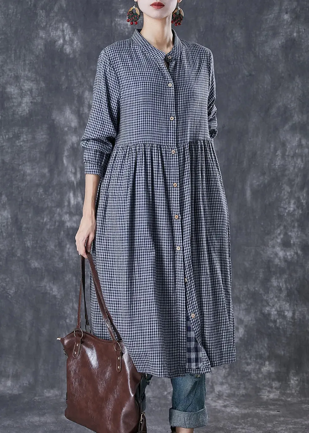 Grey Oversized Plaid Cotton Shirt Dresses