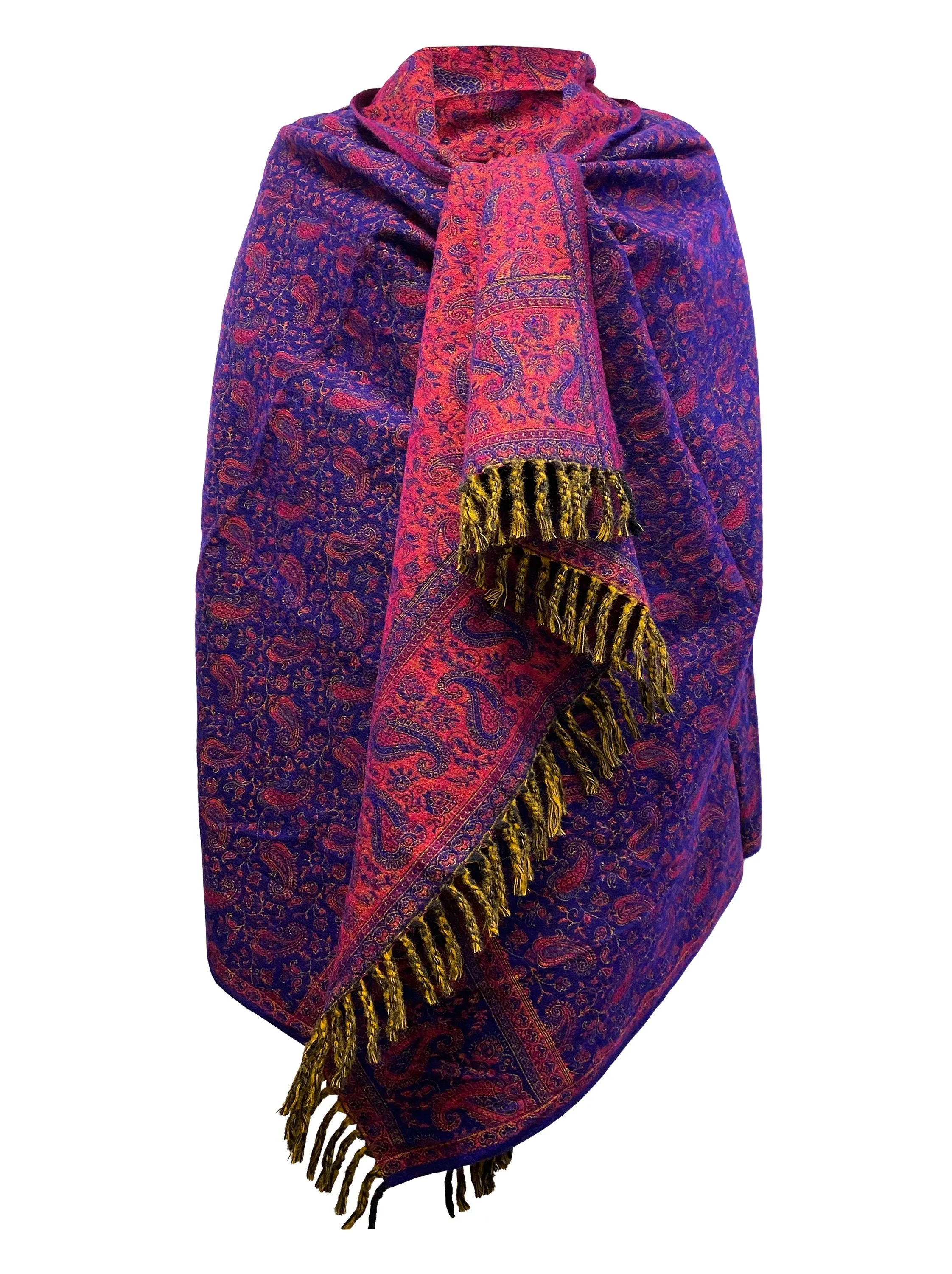 Handmade Pure Yak Wool Paisley Shawl in Purple - Luxurious Unisex Travel Wrap & Meditation Throw