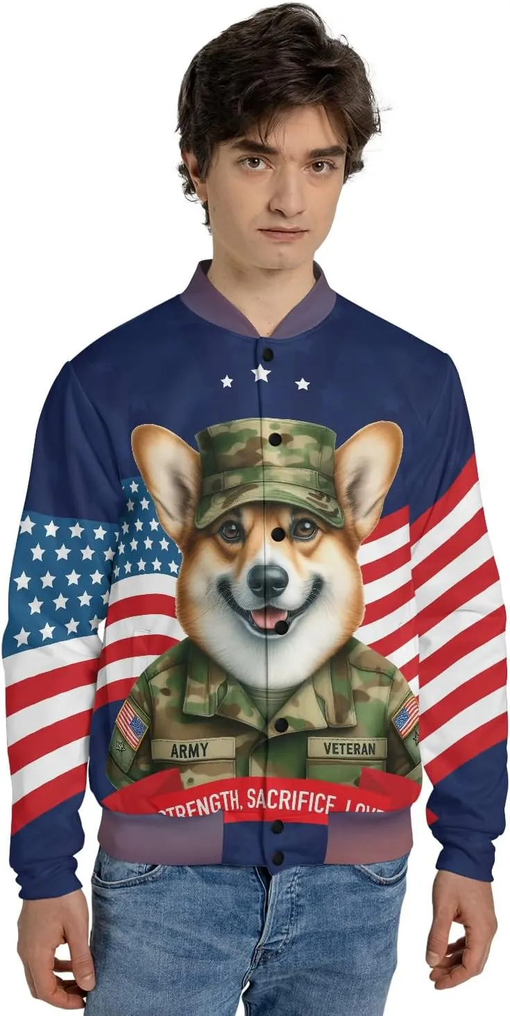 Happy Father's Day Honoring Veterans Dog in Army Uniform All Over Print 3D Baseball Shirt Jacket Softball Sport