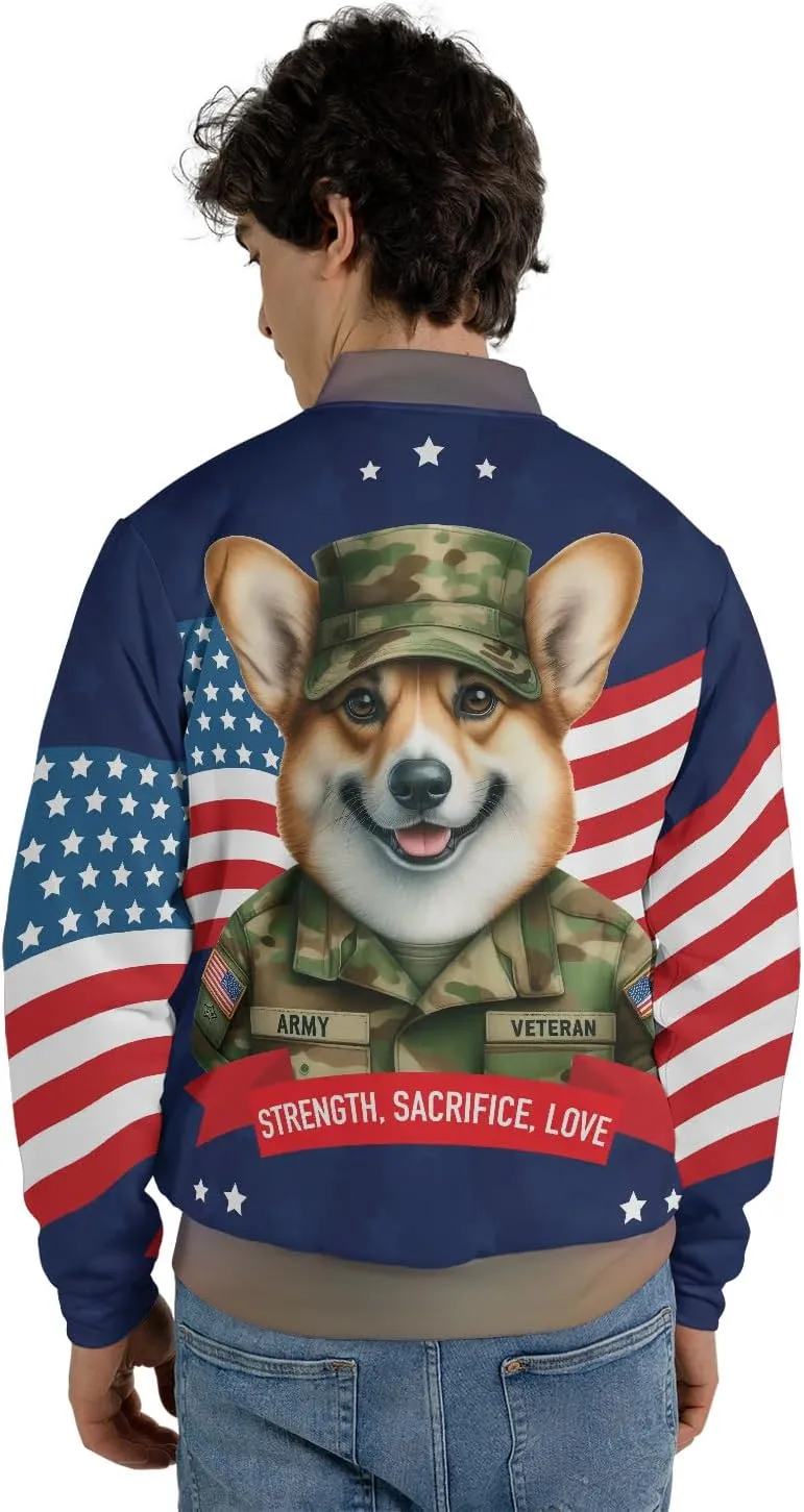Happy Father's Day Honoring Veterans Dog in Army Uniform All Over Print 3D Baseball Shirt Jacket Softball Sport