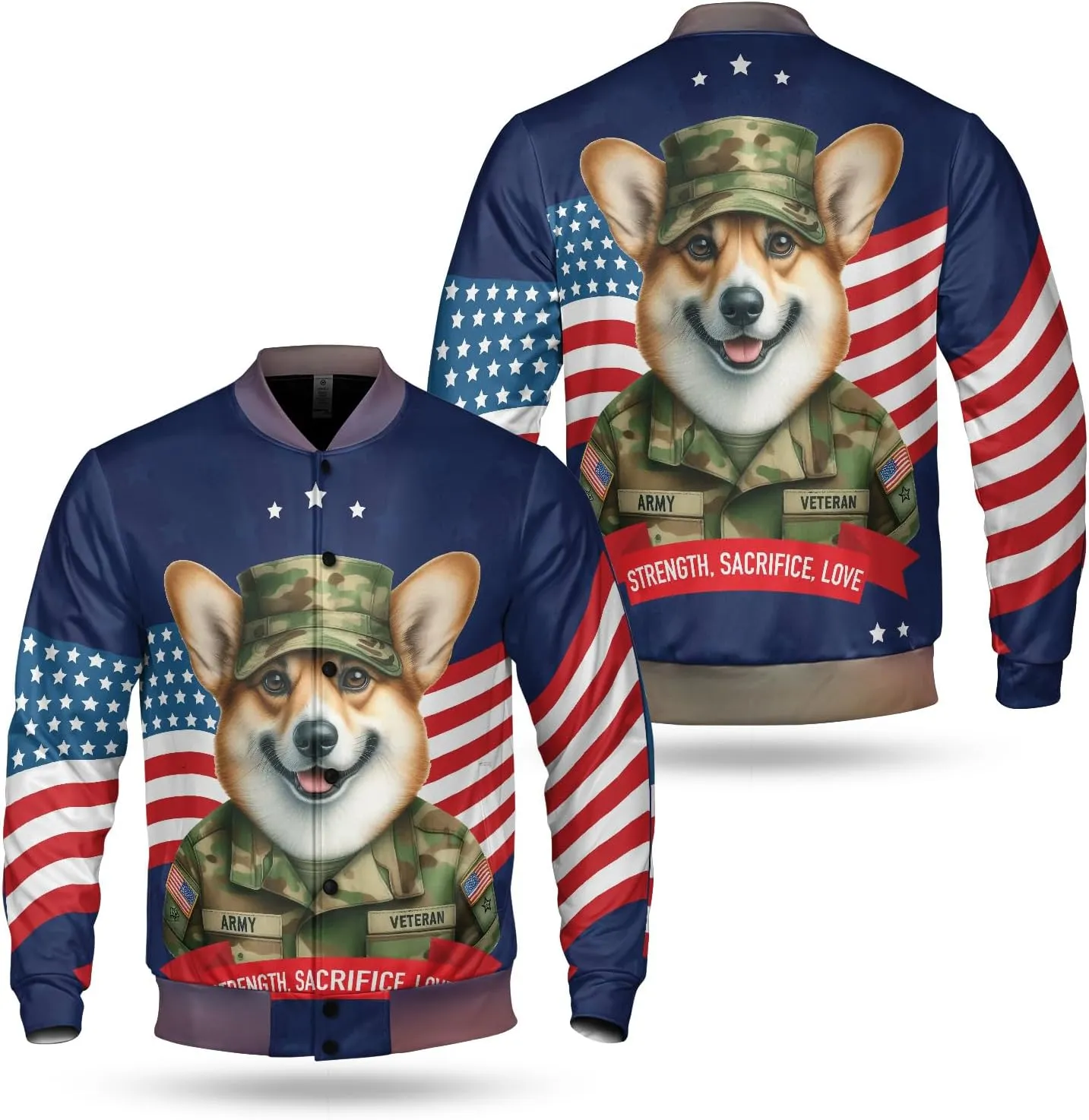 Happy Father's Day Honoring Veterans Dog in Army Uniform All Over Print 3D Baseball Shirt Jacket Softball Sport