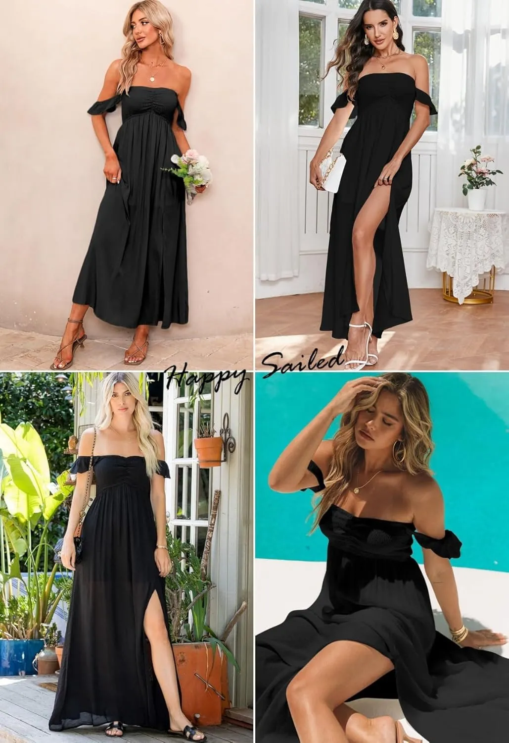 Happy Sailed Women's 2025 Summer Smocked Off The Shoulder Maxi Dresses Ruffle Short Sleeve A Line Side Slit Sundress