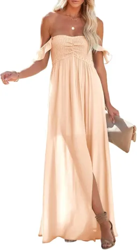 Happy Sailed Women's 2025 Summer Smocked Off The Shoulder Maxi Dresses Ruffle Short Sleeve A Line Side Slit Sundress Happy Sailed Women's 2025 Summer Smocked Off The Shoulder Maxi Dresses Ruffle Short Sleeve A Line Side Slit Sundress