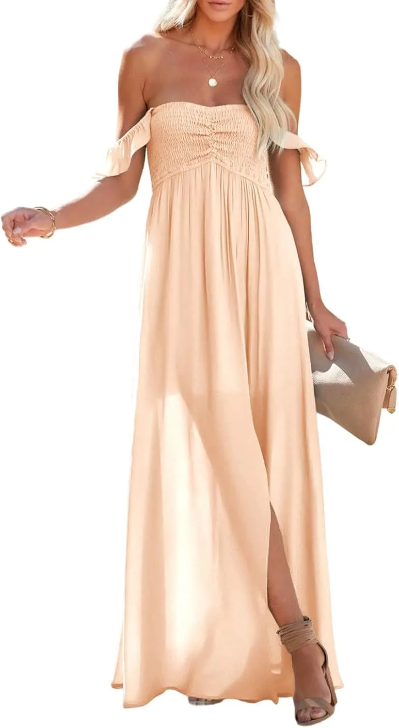 Happy Sailed Women's 2025 Summer Smocked Off The Shoulder Maxi Dresses Ruffle Short Sleeve A Line Side Slit Sundress