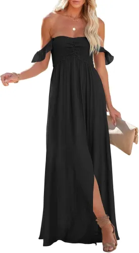 Happy Sailed Women's 2025 Summer Smocked Off The Shoulder Maxi Dresses Ruffle Short Sleeve A Line Side Slit Sundress Happy Sailed Women's 2025 Summer Smocked Off The Shoulder Maxi Dresses Ruffle Short Sleeve A Line Side Slit Sundress