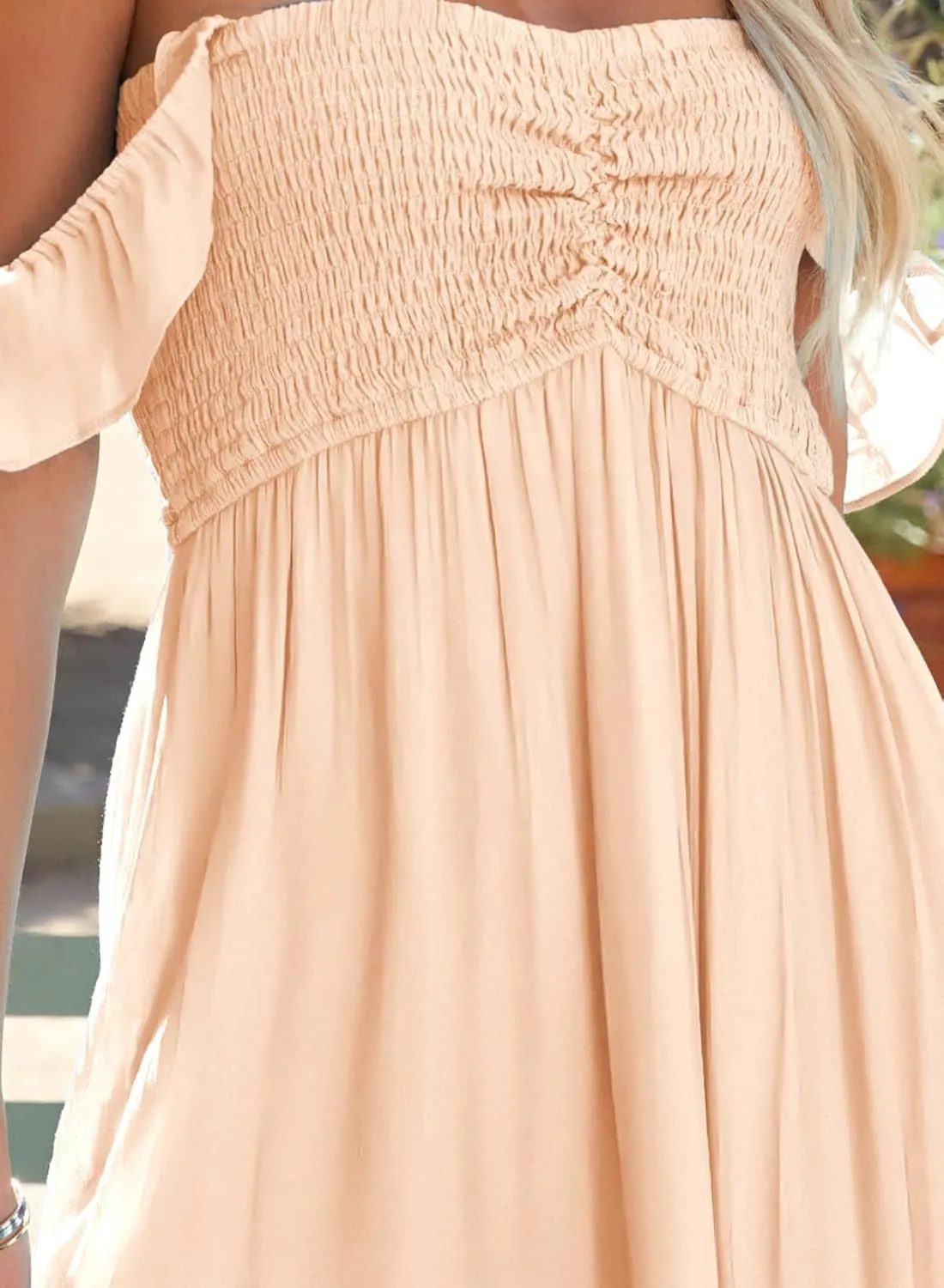 Happy Sailed Women's 2025 Summer Smocked Off The Shoulder Maxi Dresses Ruffle Short Sleeve A Line Side Slit Sundress