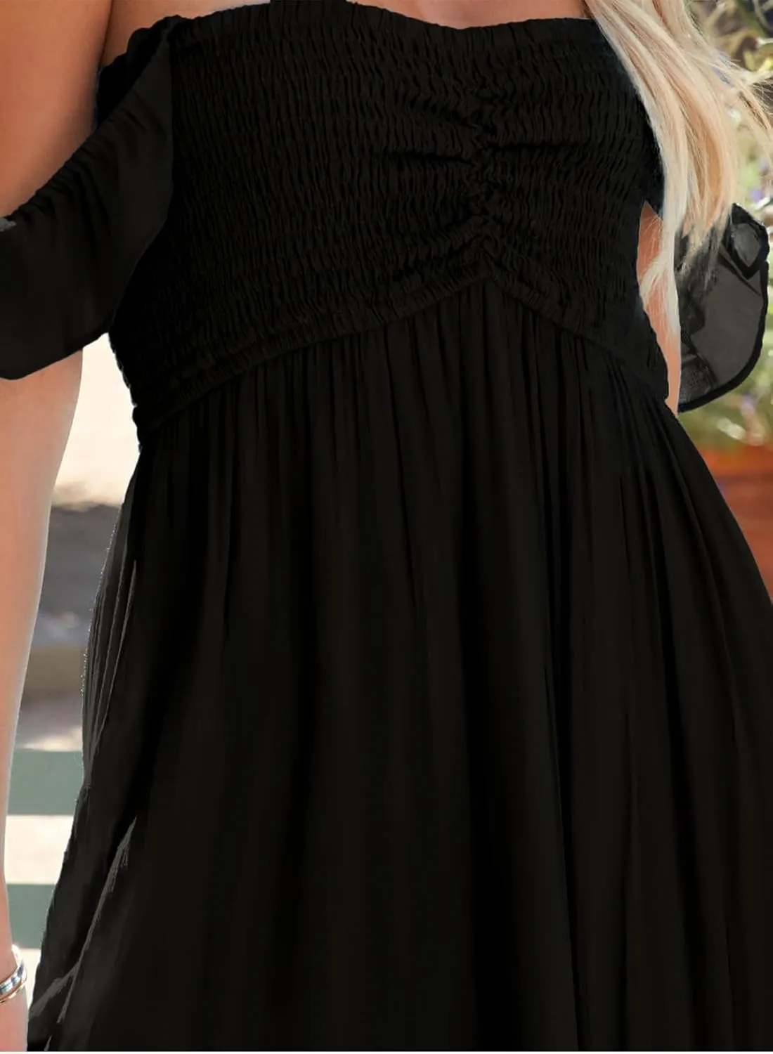 Happy Sailed Women's 2025 Summer Smocked Off The Shoulder Maxi Dresses Ruffle Short Sleeve A Line Side Slit Sundress