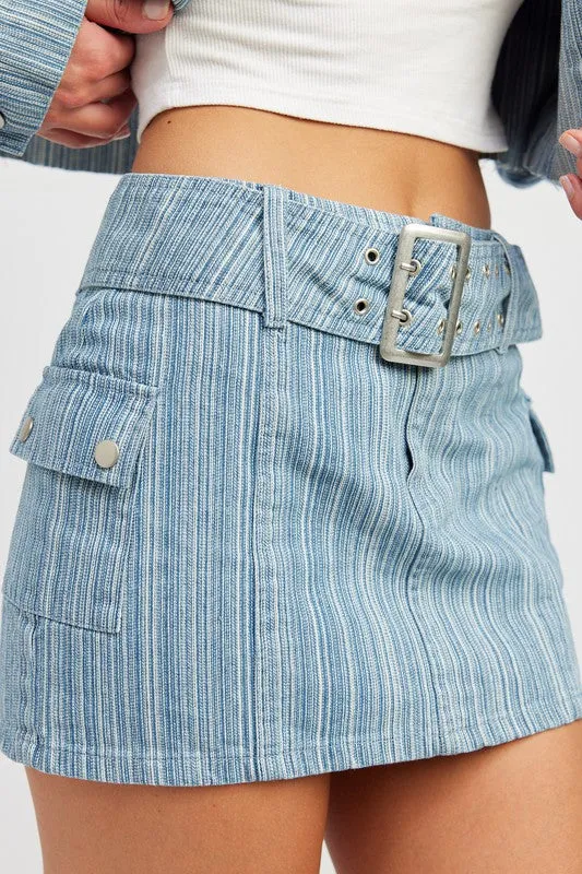 Hot Girl Dreamer Denim Belted Striped Mini Skirt