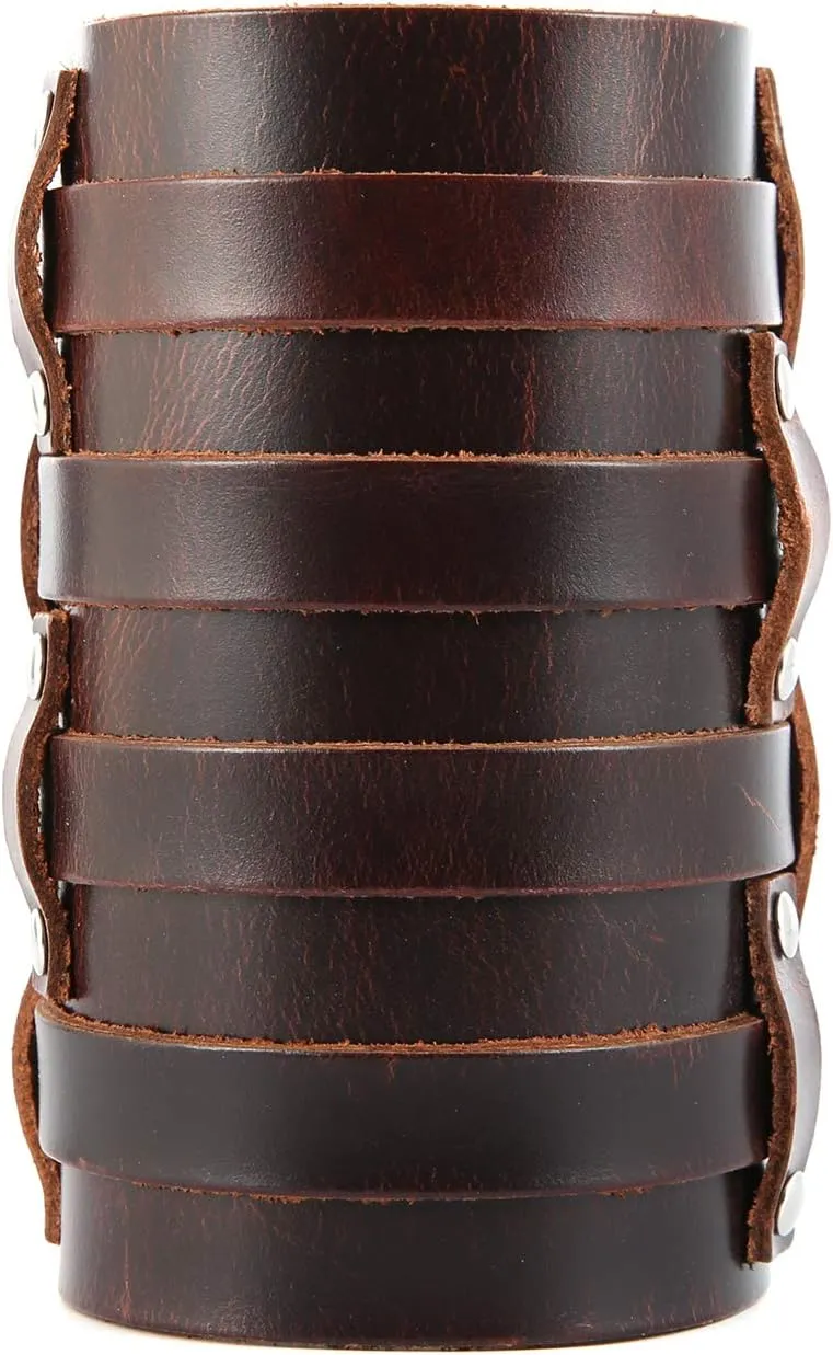 HZMAN Mens Leather Wide Triple Strap Cuff Wrap Gauntlet Wristband Buckle Fastening Arm Armor Cuff 4 Rows