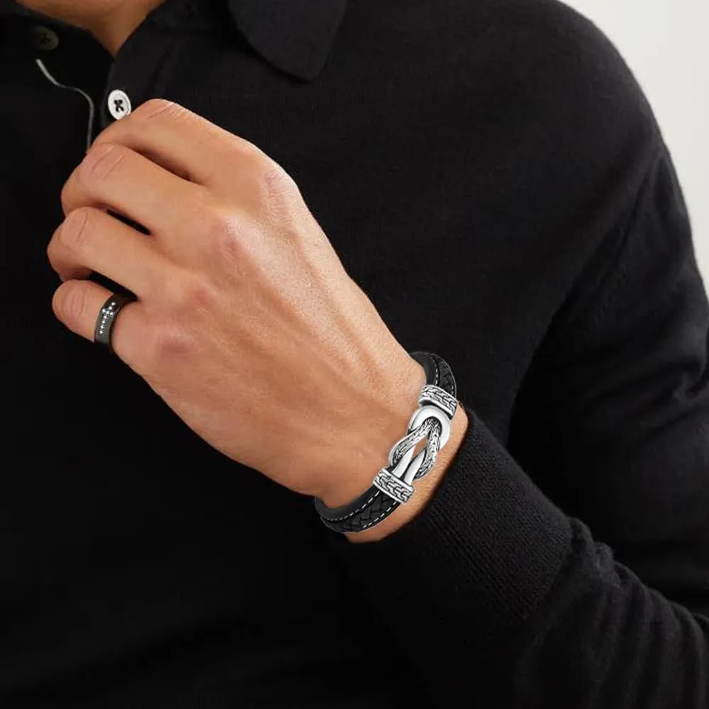 Infinity Knot Leather Bracelet for Men 316L Stainless Steel Genuine Leather Bracelet Texture Wristband Cuff Stylish Cool jewelry for Men Father Husband