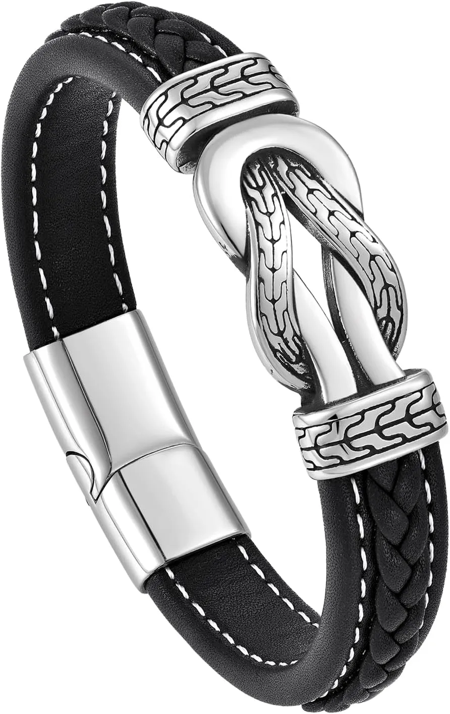 Infinity Knot Leather Bracelet for Men 316L Stainless Steel Genuine Leather Bracelet Texture Wristband Cuff Stylish Cool jewelry for Men Father Husband