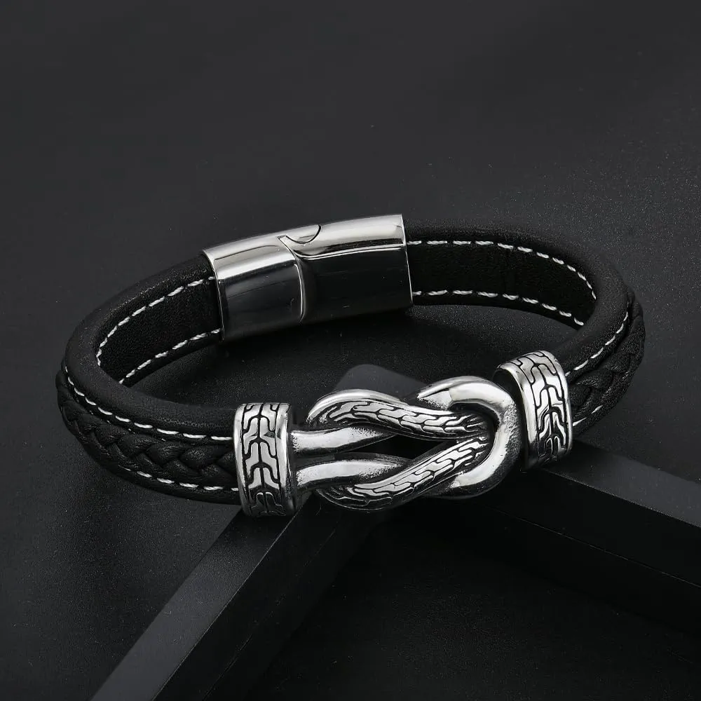 Infinity Knot Leather Bracelet for Men 316L Stainless Steel Genuine Leather Bracelet Texture Wristband Cuff Stylish Cool jewelry for Men Father Husband