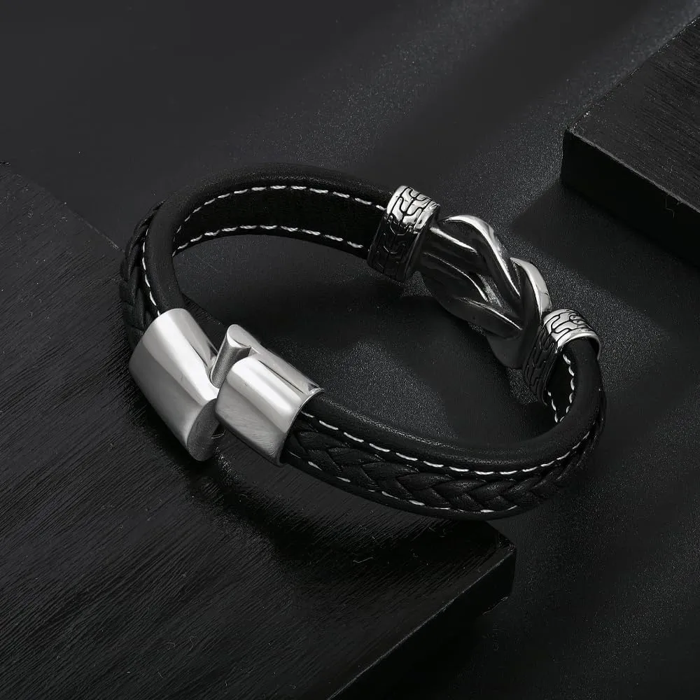 Infinity Knot Leather Bracelet for Men 316L Stainless Steel Genuine Leather Bracelet Texture Wristband Cuff Stylish Cool jewelry for Men Father Husband