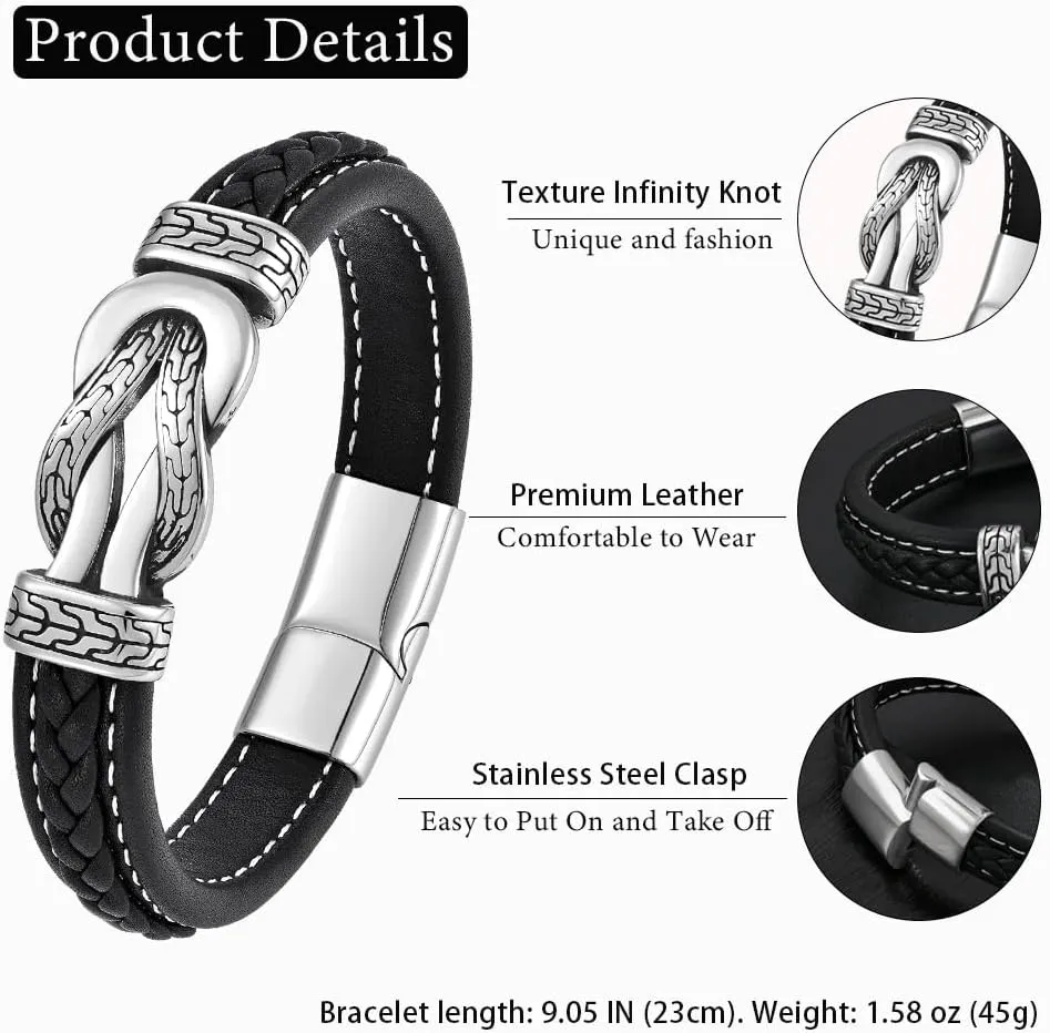 Infinity Knot Leather Bracelet for Men 316L Stainless Steel Genuine Leather Bracelet Texture Wristband Cuff Stylish Cool jewelry for Men Father Husband