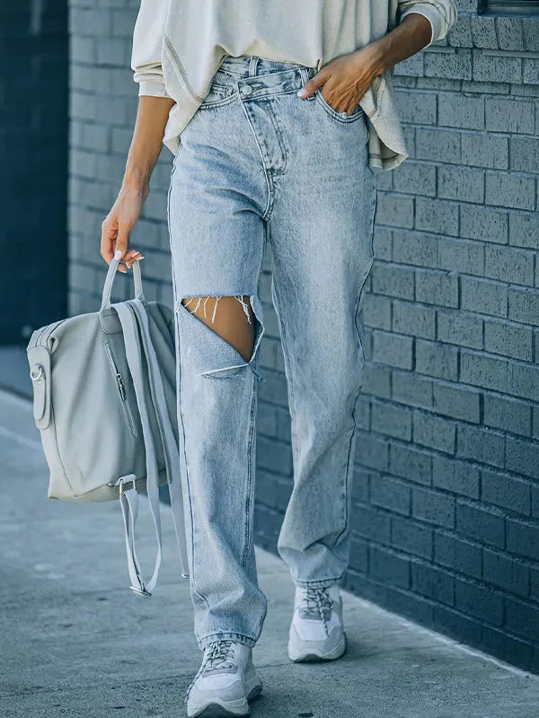 Irregularly torn edges and holes Ripped Jeans