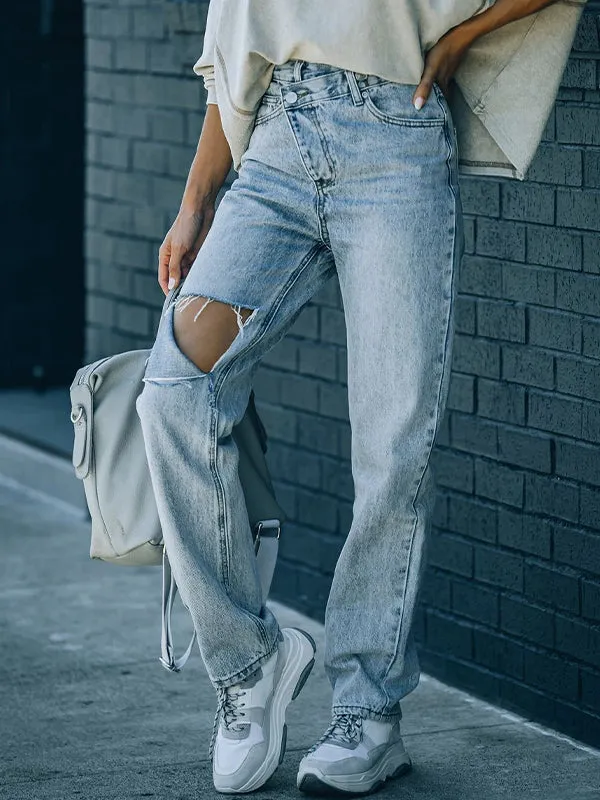 Irregularly torn edges and holes Ripped Jeans