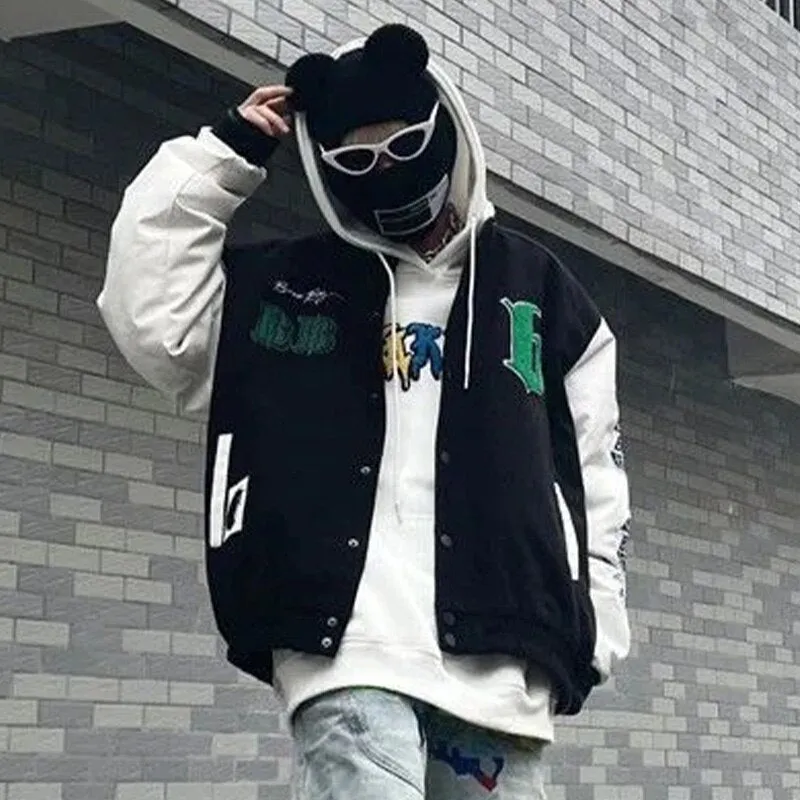 Joskaa Christmas Gift Women Retro Letter Embroidery Jackets Coat Couple Y2K High Street Hip-hop Baseball Uniform Loose Stitching Zipper Jacket 2024