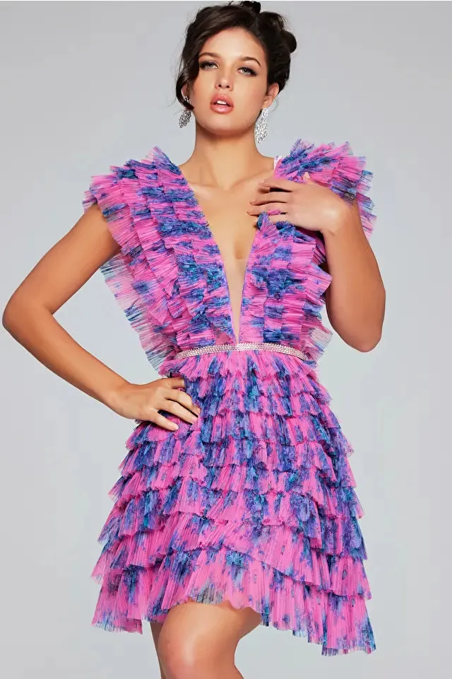 Jovani - 50069 - V Neckline Tiered Short Cocktail Dress