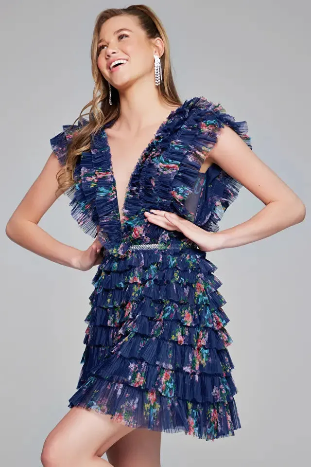 Jovani - 50069 - V Neckline Tiered Short Cocktail Dress
